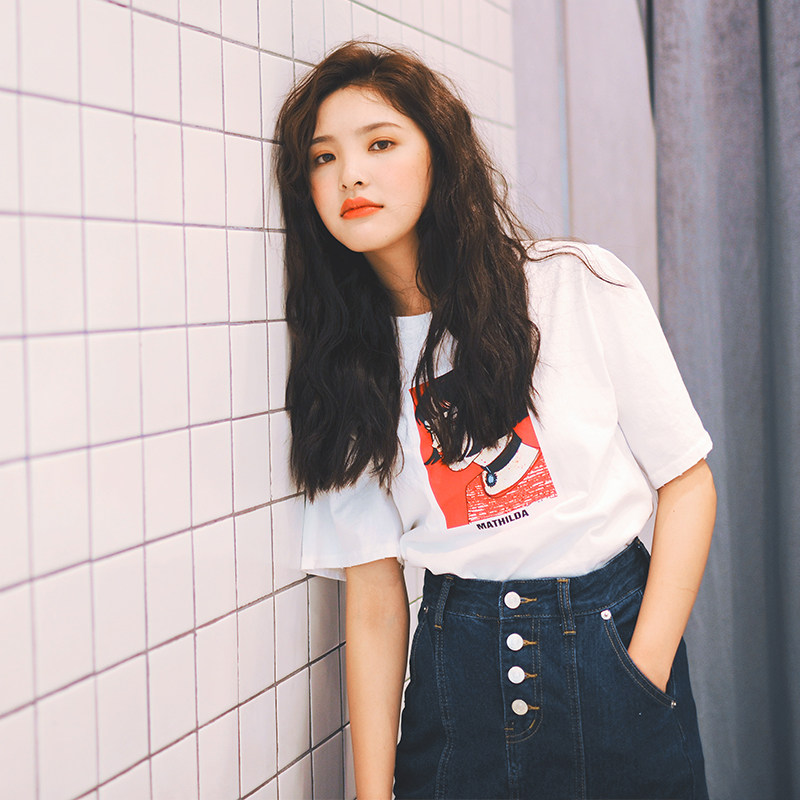 2017夏季新品韩版学生学院风纯棉宽松圆领休闲人头短袖t恤女