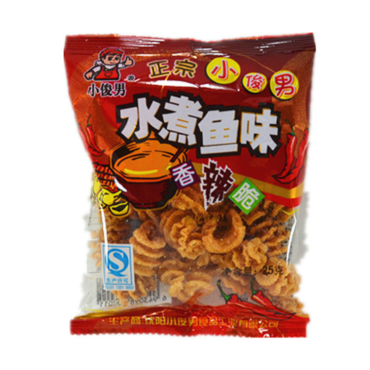 50袋多省包邮 80后怀旧零食小吃 小俊男水煮鱼味香辣脆 锅巴25克