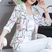 Small flower small blazer womens printed color thin plus size short three-quarter sleeve casual floral thin chiffon suit