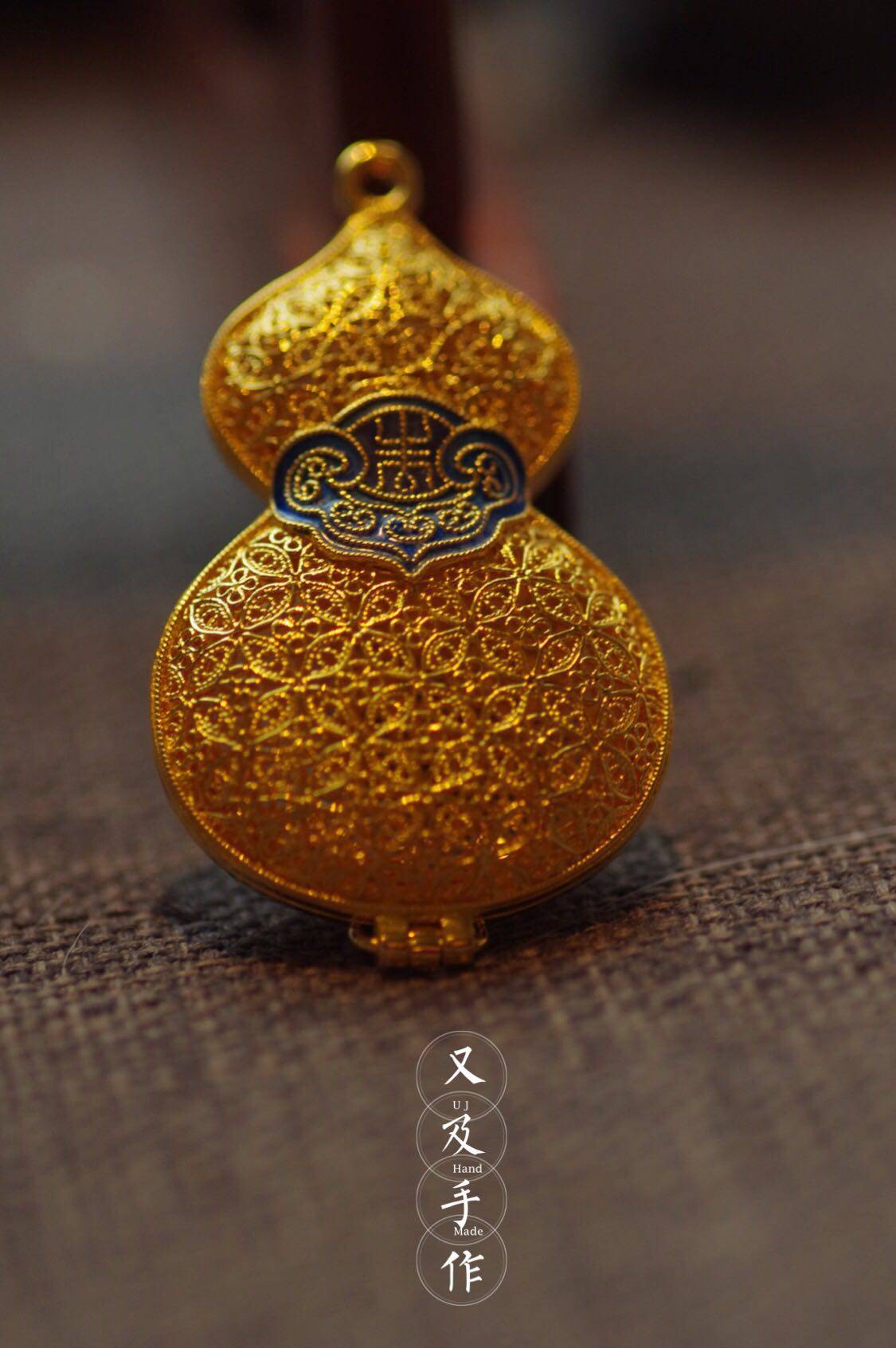 又及手作.纯手工花丝镶嵌925银镀金如意葫芦香囊吊坠