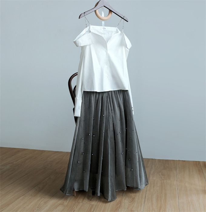 8057实拍 珍珠半身裙过膝纯色夏秋装雪纺中长裙百搭欧根纱裙子