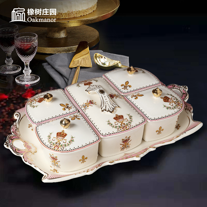 Tang 's estate of new Chinese style living room fruit bowl, compote household ceramics European - style key-2 luxury skyscrapers snack plate