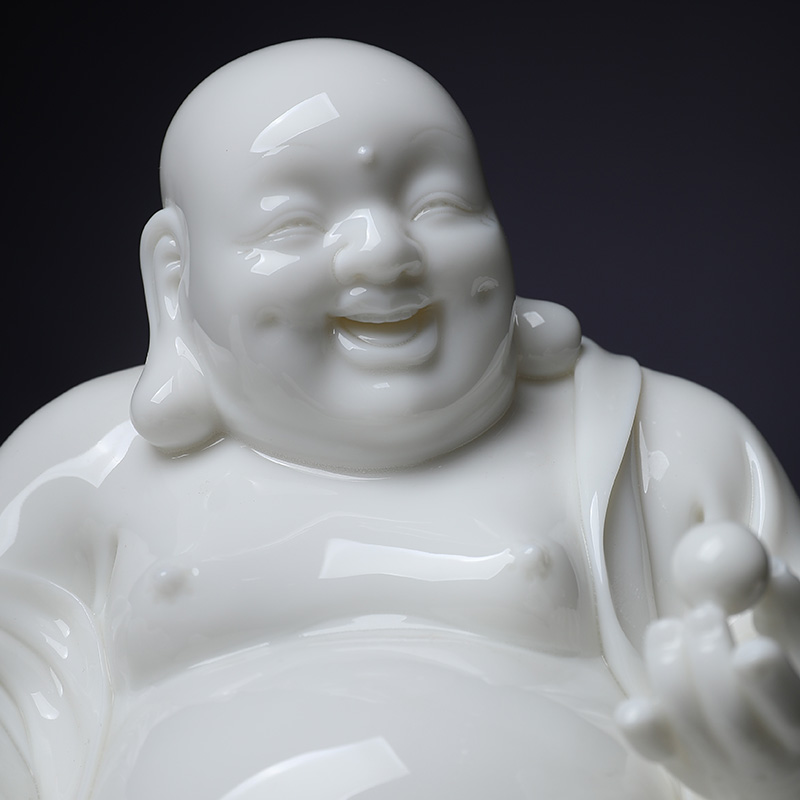 Yutang dai dehua white porcelain satisfied smiling Buddha maitreya a bigger Lin Jiansheng master collection work place