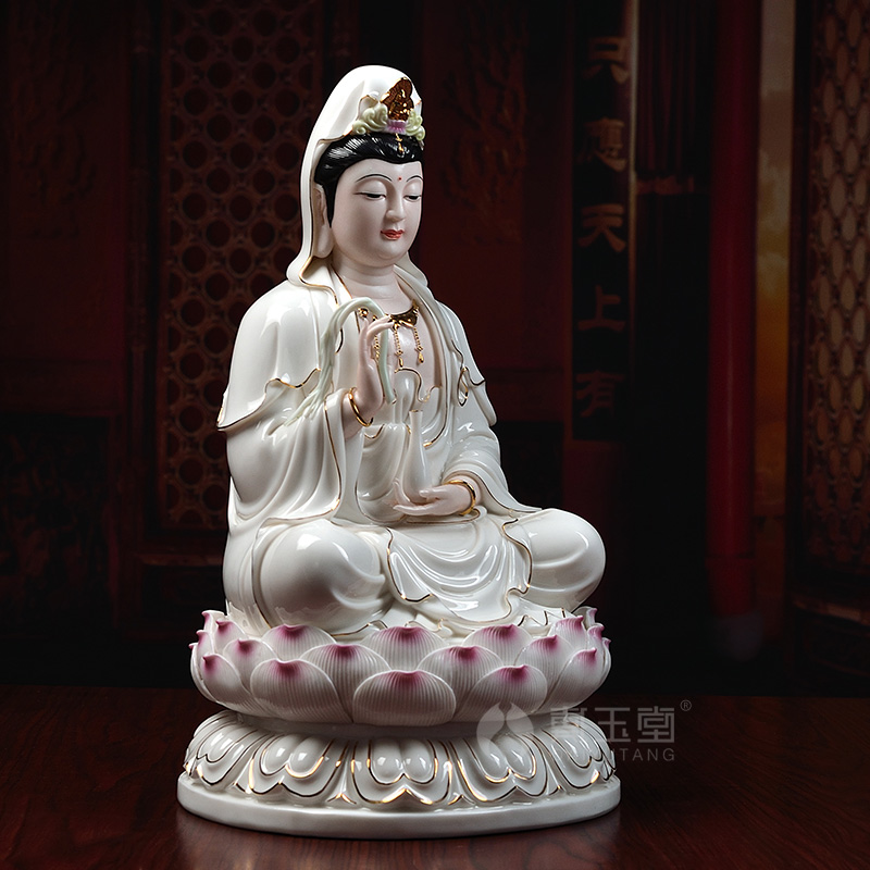 Yutang dai ceramic guanyin bodhisattva Buddha handicraft furnishing articles white porcelain paint color full lotus goddess of mercy