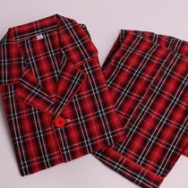 Womens two-piece home clothing cotton long sleeve pajamas spring and autumn set womens old coarse cloth plaid pajamas Cotton