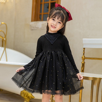 Princess Dress Girl 2021 Autumn Winter Dress New Korean Version Black Ocean Air Child Fluffy Yarn Dress Plus Suede Dress