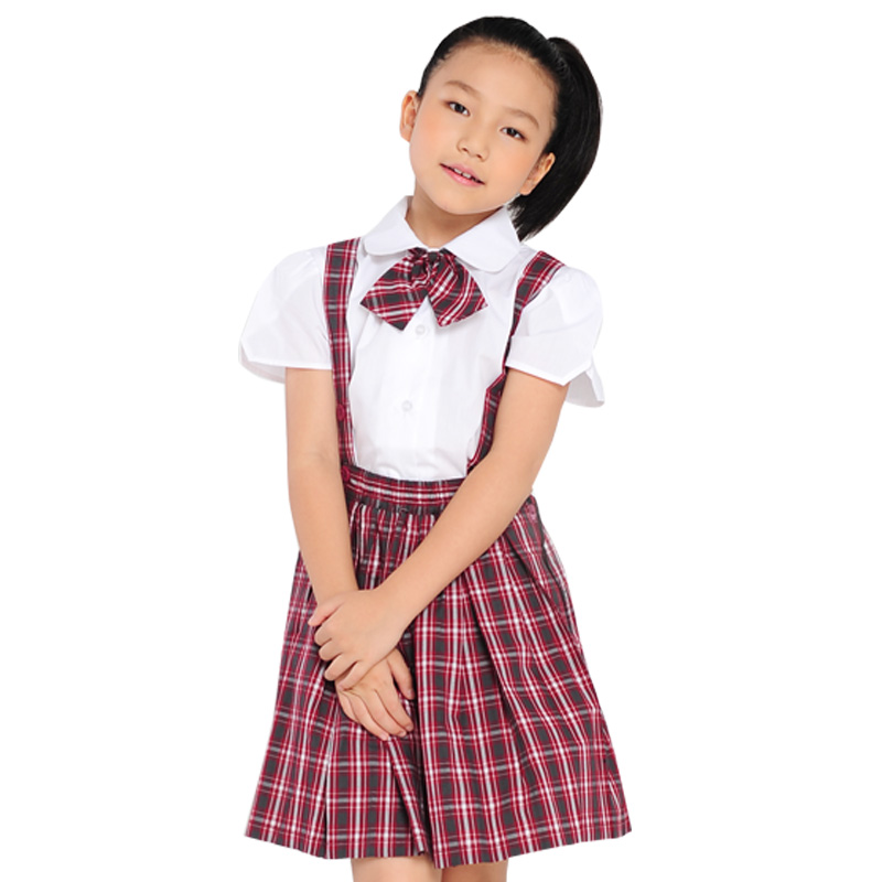 深圳校服统一正品小学生夏制礼服套装 女款短袖衬衫 背带格子短裙
