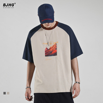 Summer new shoulder sleeve T-shirt men's trend loose street pattern printing Harajuku baseball new five-point sleeve