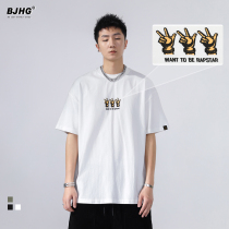 Summer fun gesture printing short-sleeved T-shirt mens national tide hip-hop loose casual wild five-point sleeve T-shirt undershirt