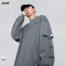 Autumn letter printing label fake two clothes boys tide card hip hop hip hop hip hip loose handsome top