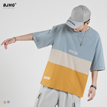 Summer short-sleeved T-shirt mens fashion brand Hong Kong wind contrast stitching off the shoulder print Harajuku wind loose couple five-point sleeve T-shirt