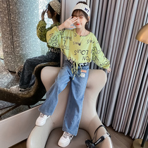 Port Wind Girls English suit Chauded Chauded CUHK Trendy Personality Printed Blouses Little Girl Foreign Air Two Sets Eben