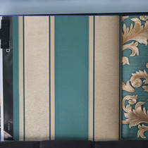 Blue-green vertical striped wallpaper with European Damascus AB embossed wallpaper study living room TV wall