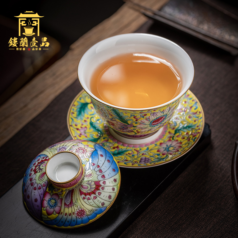 Jingdezhen ceramics all hand pastel yellow recent three to make tea tureen large bowl set of tea cups