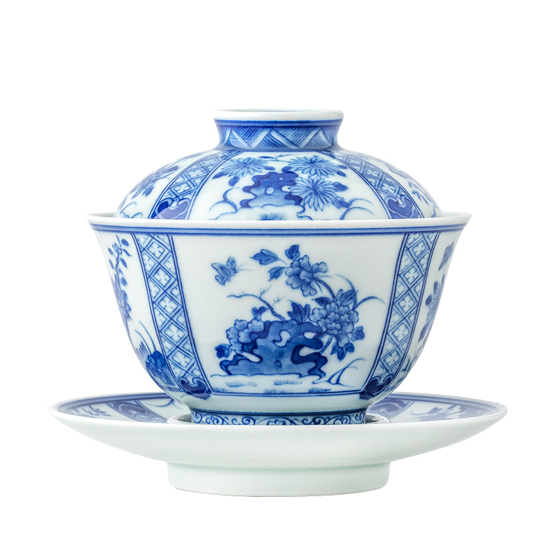 Jingdezhen ceramic hand - made maintain all flowers large blue and white only three tureen tea cups kung fu tea set