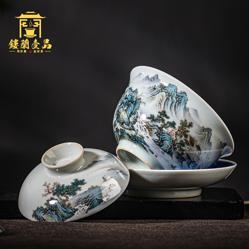 Jingdezhen ceramic all hand pastel blue and white landscape within three to make tea tureen hand - made kung fu tea set large bowl