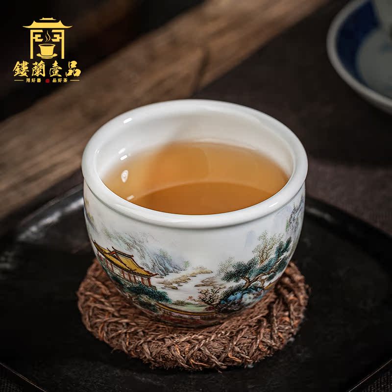 Jingdezhen ceramic checking pastel landscape figure cylinder cup master single cup large tea cup kung fu tea sample tea cup