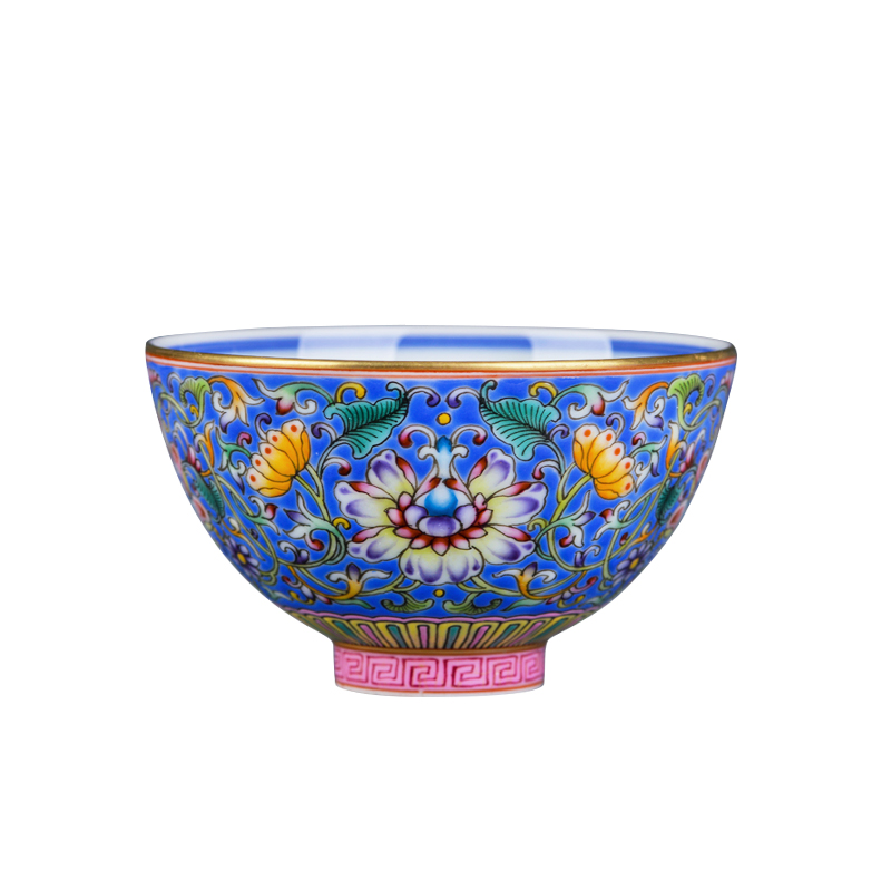 Jingdezhen ceramic hand - made blue colored enamel inside to treasure phase flower cup cup single sample tea cup cup kung fu master