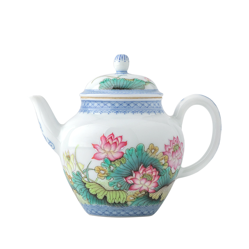 Jingdezhen ceramic all hand - made pastel lotus ewer household kung fu tea set single pot teapot hand pot of tea