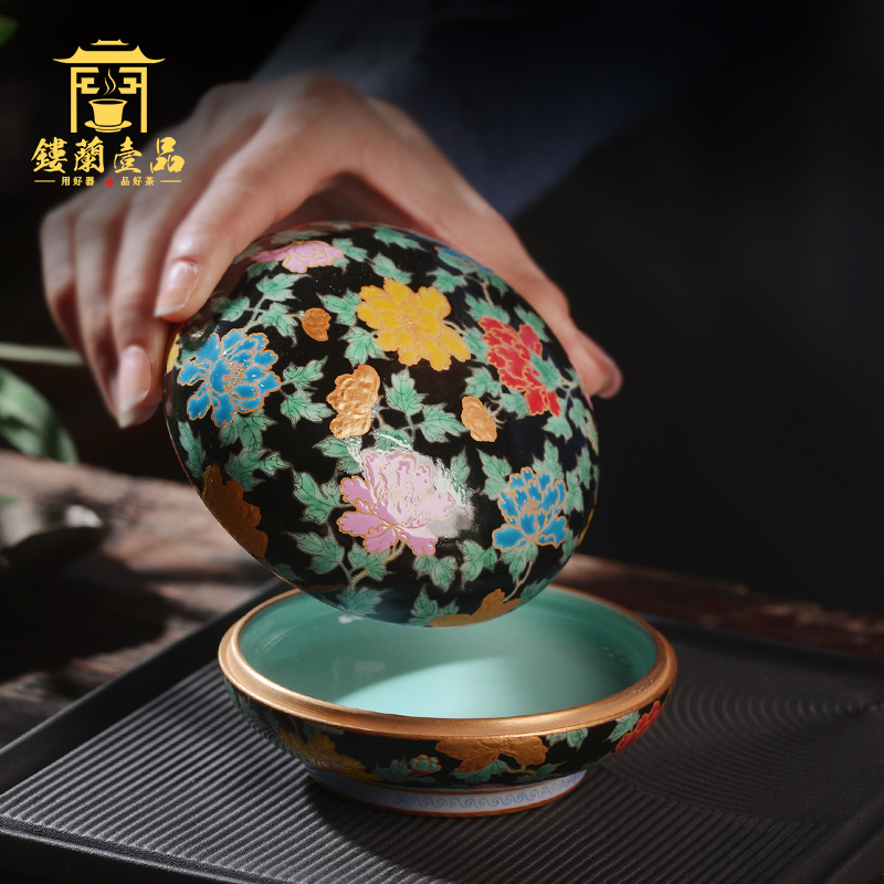 Jingdezhen ceramic hand - made black enamel peony with box to receive a case four inkpad inkpad box cylinder four treasures of the study