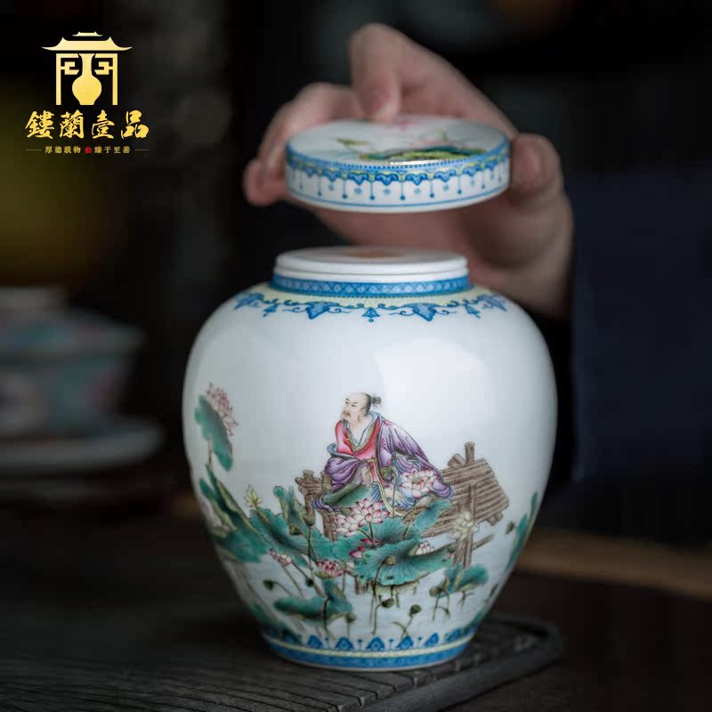 Jingdezhen ceramic all hand - made pastel oi - Lin pu 'er tea pot lid can receive storage of poetry collection of tea