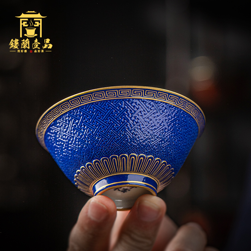 Jingdezhen ceramic checking old blue glaze see hand - cut master of kung fu tea cup household single cup large bowl