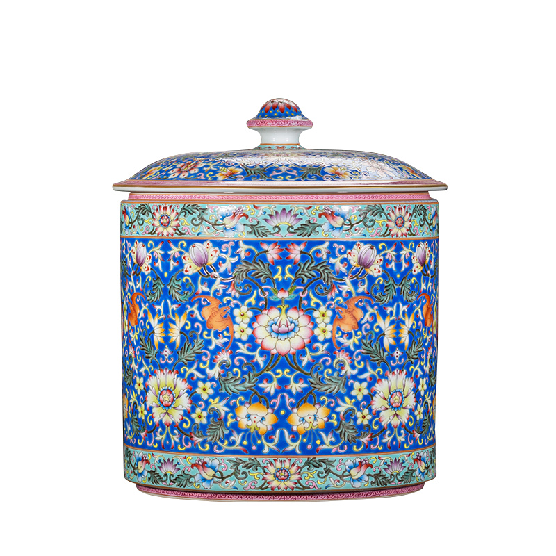 Jingdezhen ceramic all hand made blue and pastel bound branch lotus caddy fixings large - sized kunfu tea tea tea storage storehouse fitting