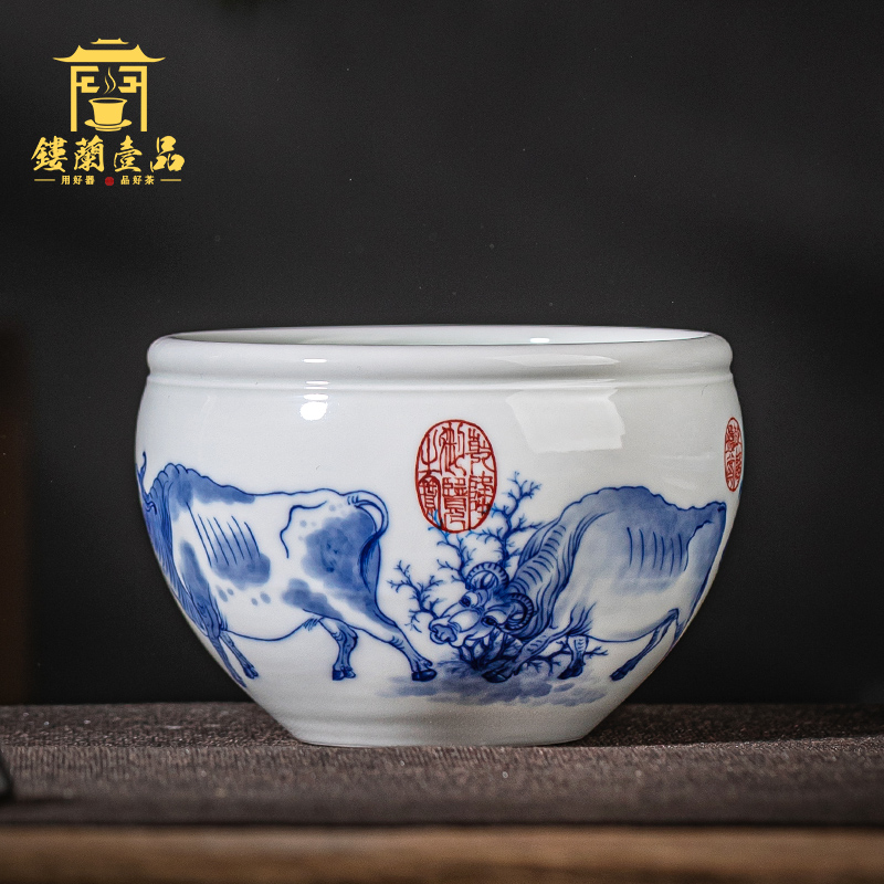 Jingdezhen ceramic pure hand - made five NiuTu large blue and white tea to wash tea accessories for wash bowl with writing brush washer water jar