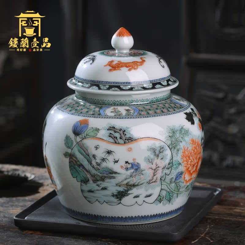 Jingdezhen ceramic tea pot hand - made ancient color very beautiful fish happy figure tank receives caddy fixings tea set