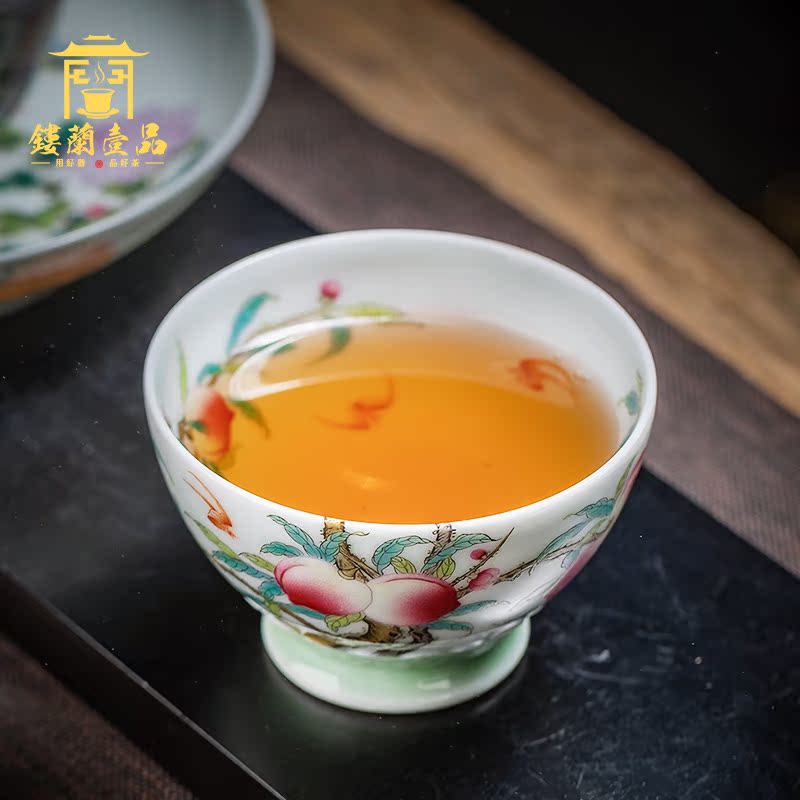 Jingdezhen ceramic all hand pastel peach branches about nine live carving master cup kung fu tea tea cup