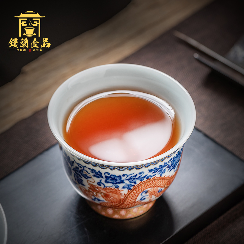 Pure manual blue tie up branch pipe sample tea cup jingdezhen ceramic dragon kung fu master cup single cup tea bowl