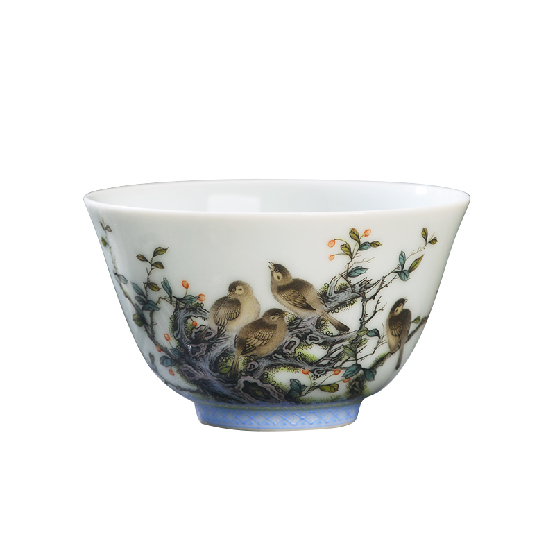 Jingdezhen cold tea sample tea cup hand - made ceramic famille rose finch figure master cup single CPU kung fu tea tea cup