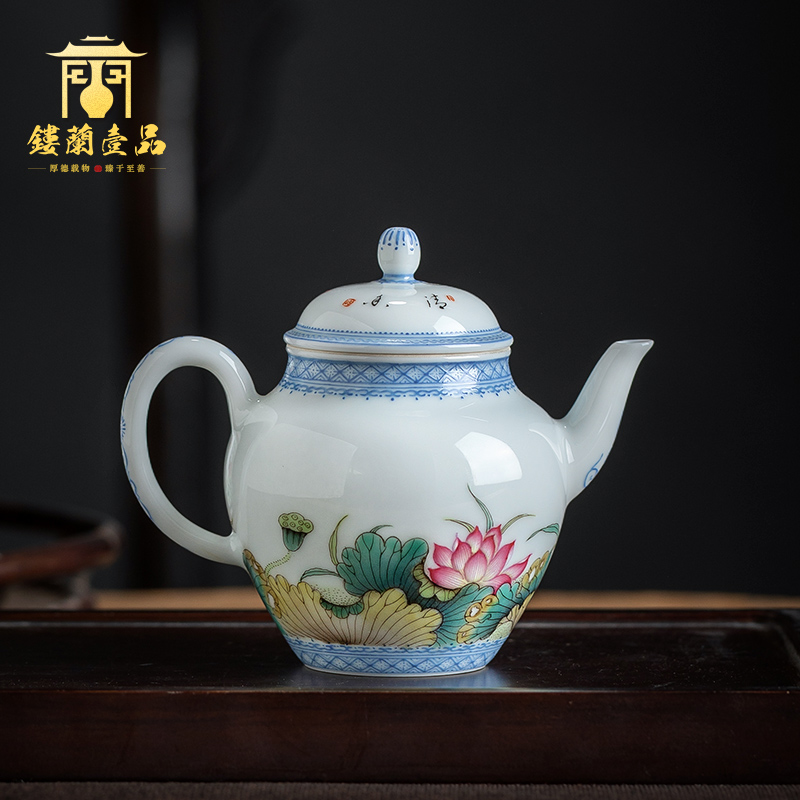 Jingdezhen ceramic all hand - made pastel lotus ewer household kung fu tea set single pot teapot hand pot of tea