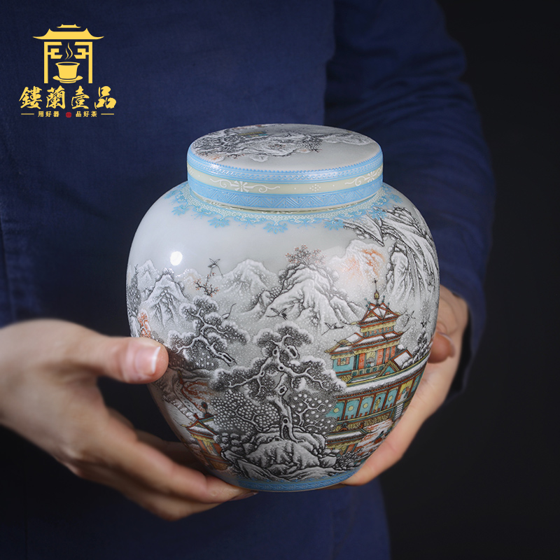 Jingdezhen ceramic hand - made powder color ink inside and outside double cover snow landscape tea caddy fixings receive wake sealed jar