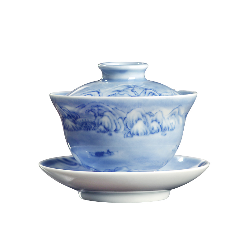 Jingdezhen blue and white, maintain the snowscape hand - made ceramic only three tureen tea cups kunfu tea ware bowl with cover a single