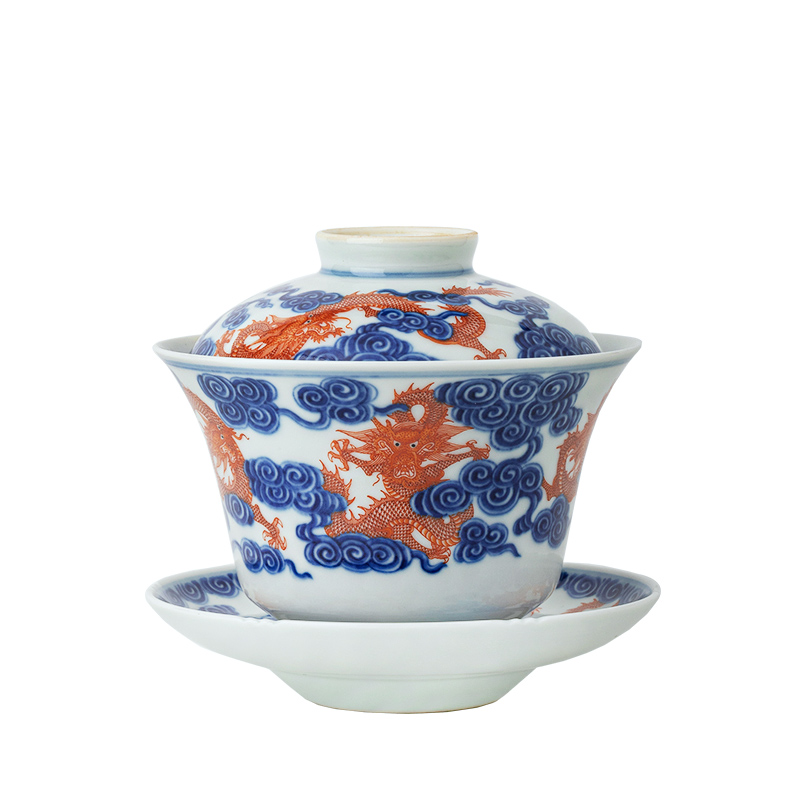 Jingdezhen ceramic all hand blue vitriol red of the statute of three men to tureen kung fu tea tea bowl of tea cups