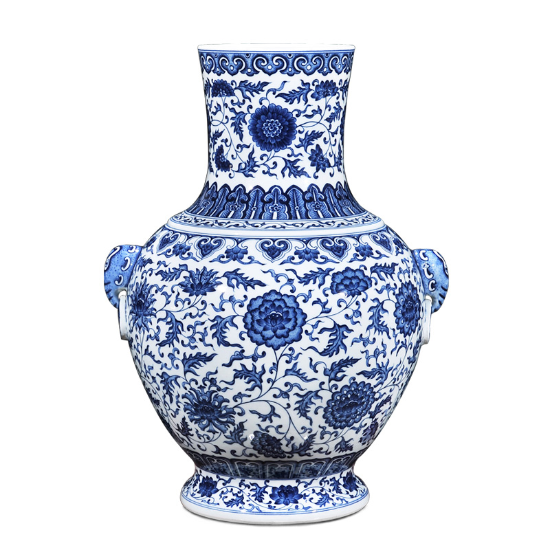 Jingdezhen ceramics imitation the qing yongzheng blue tie up branch lotus the lion shell vase Chinese sitting room adornment is placed