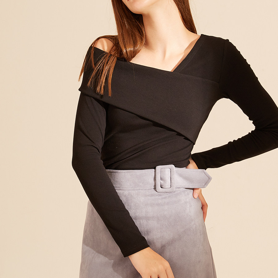 秋季交叉大v领露肩针织打底衫全棉长袖修身上衣不对称t恤女套头潮