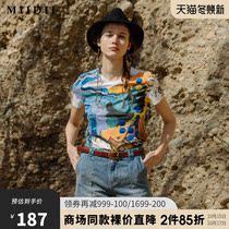 miidii riddle 2021 summer new vintage print fit V collar short sleeve T-shirt female 215MT6033