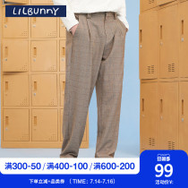 LILBUNNY rabbit series mens pants casual pants Autumn and winter loose straight pants Vintage plaid trousers trousers