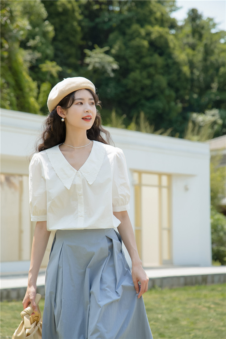 夏季新款v领短袖刺绣百搭雪纺短袖衬衣宽松衬衫-优客yoke服饰8179#38