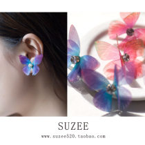 Double layer thin yarn emulated colorful butterfly earrings earrings 925 silver earrings Fashion Zircons stone Fairy Andromeda