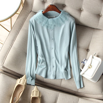  Commuting without losing a sweet lady~Macaron color elegant mesh pile collar long-sleeved wool knitted cardigan spring