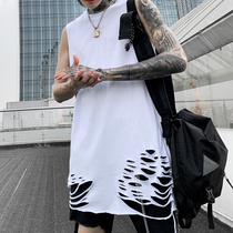 National tide personality hem hole scraping broken base shirt top male loose hip hop inner tie tide mourning with special