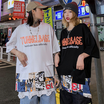 chic bishop fashion stitching back print short sleeve T-shirt mens large size national tide couple half sleeve summer dress