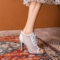 Fish Mouth Strap High Heel Shoes Female Fine Heel Hop Dance Shoes Jazz Dance Summer Dew Toe Short Boots Apricot Pink Boots White