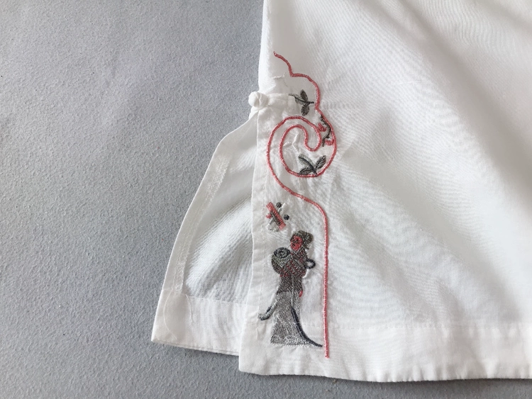 Vải cotton và vải lanh theo đường chéo thêu văn học kích thước lớn dài tay áo dài vải gai xẻ tà quần áo phụ nữ - váy đầm