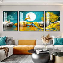 Modern simple living room hanging painting Atmospheric sofa background wall decorative painting high-grade crystal porcelain painting night scene elk triple painting