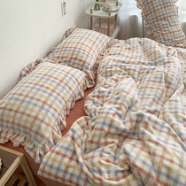 Winter thickened warm coral fleece four-piece milk velvet quilt cover macaroon Plaid girl heart bedding 4