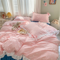 Pastoral Princess Wind Cotton Four-piece Contrast Color Small Bow quilt cover Girl Heart Cotton Bed Skirt Three-piece Set